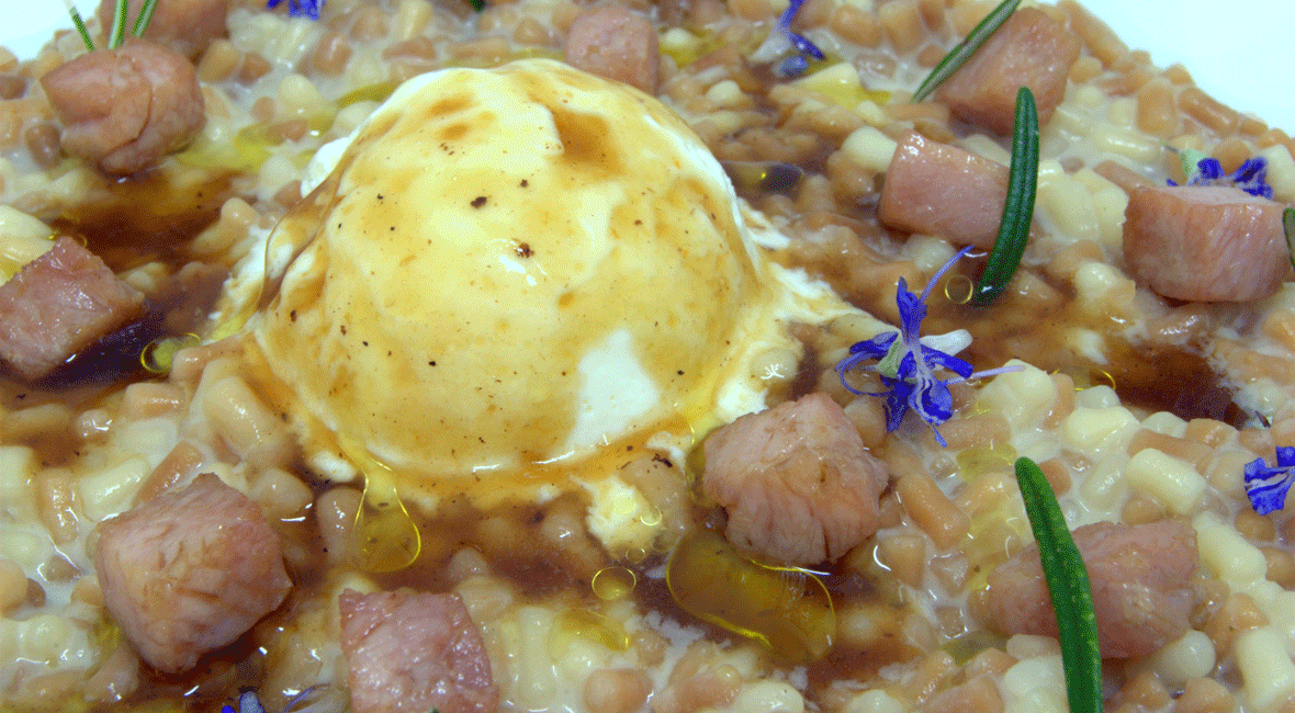 Corallini risotto and seared piglet bites with spices and young Ragusano cheese gelato