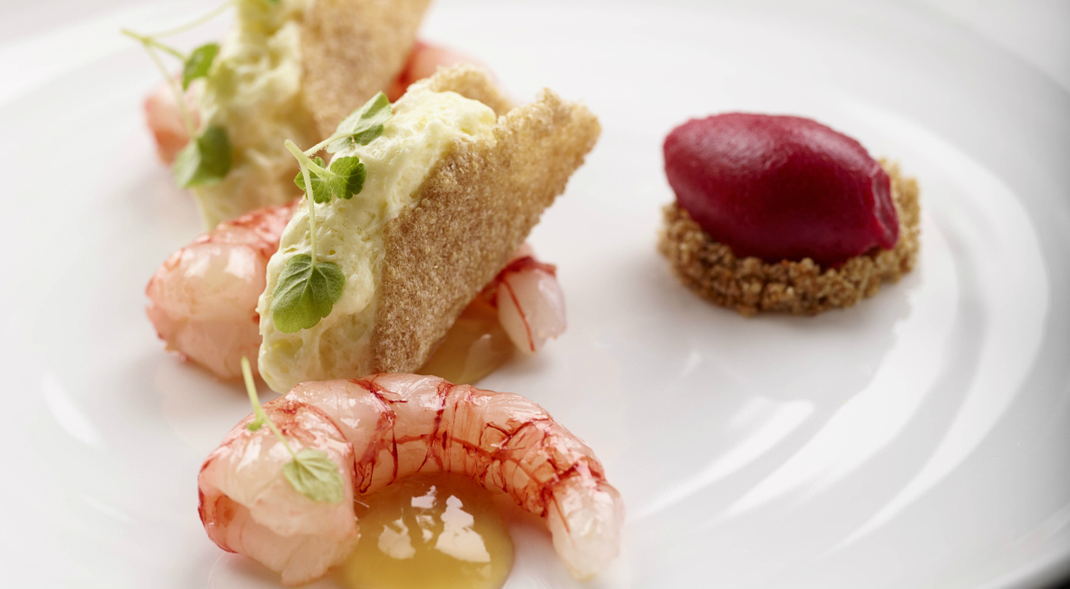 Raw and cooked Sicily’s Red Prawns, crispy amaranth, Taggiasca olive oil and beetroot ice cream